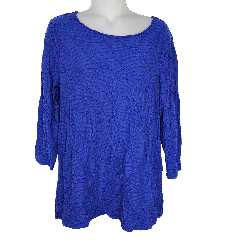 Chico's Womens Tunic Top Size 0 Small Textured Blue 3/4 Sleeve Scoop Neck Knit